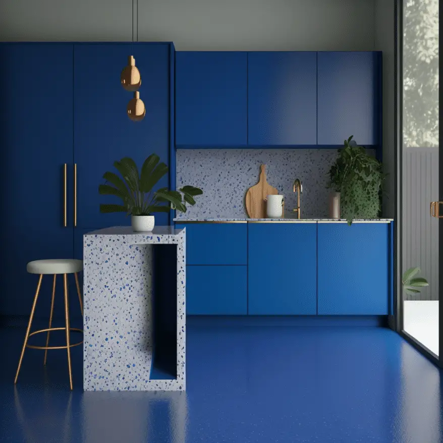 Kitchen design ideas 2023 blue kitchen with terrazzo worktop