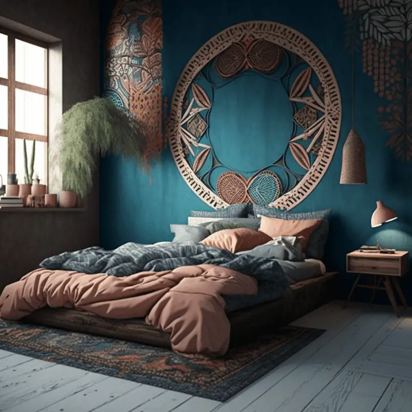 Bohemian style bedroom with accent wall