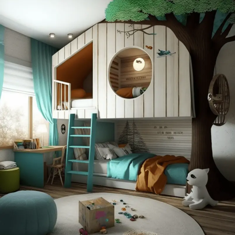 Kids room idea 2023 multi level bunk bed tree house
