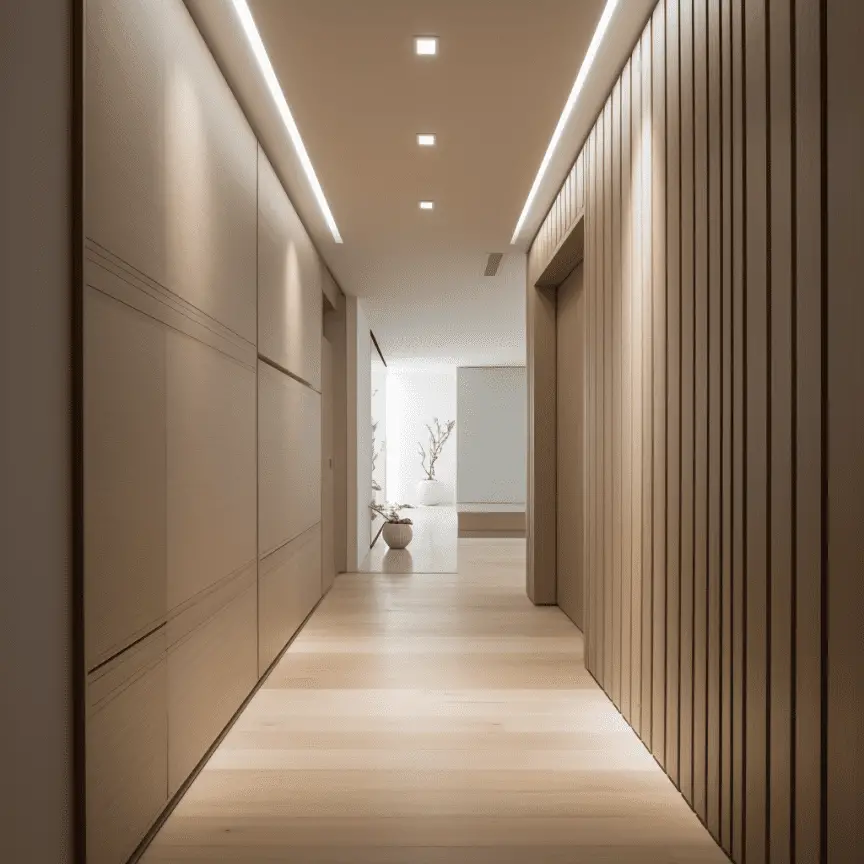 Hallway Minimalistic Japandi interior design wooden slates