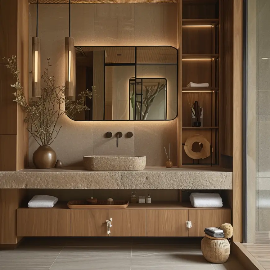 Japandi bathroom materials like stone and wood