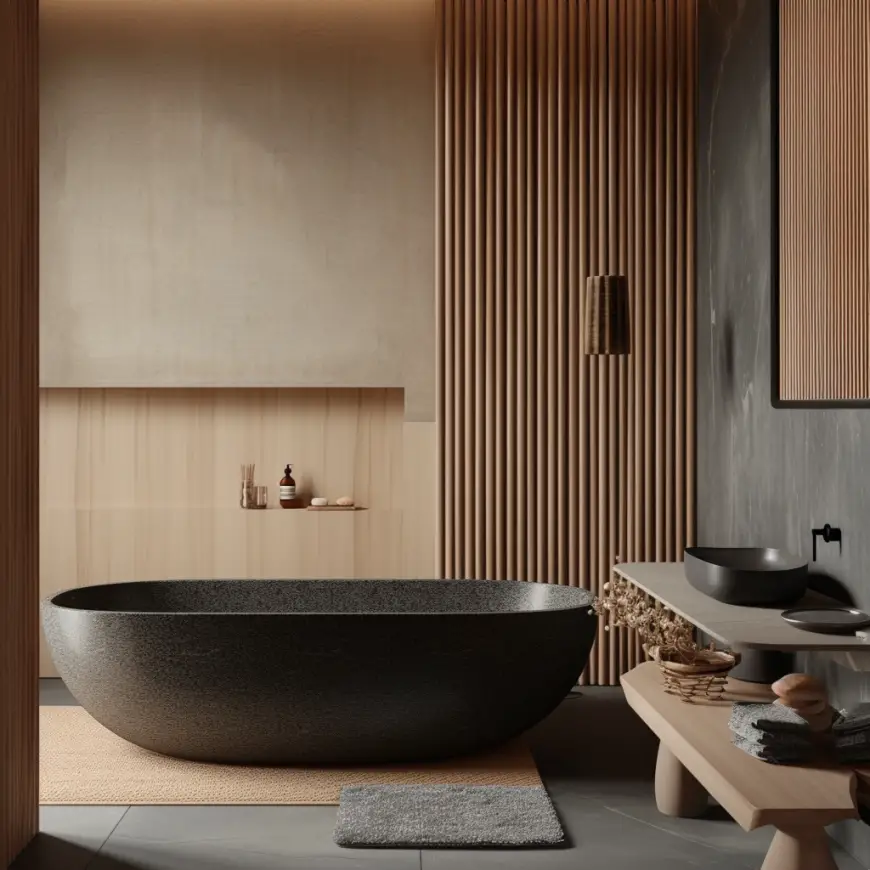 Japandi bathroom with stone bath tub