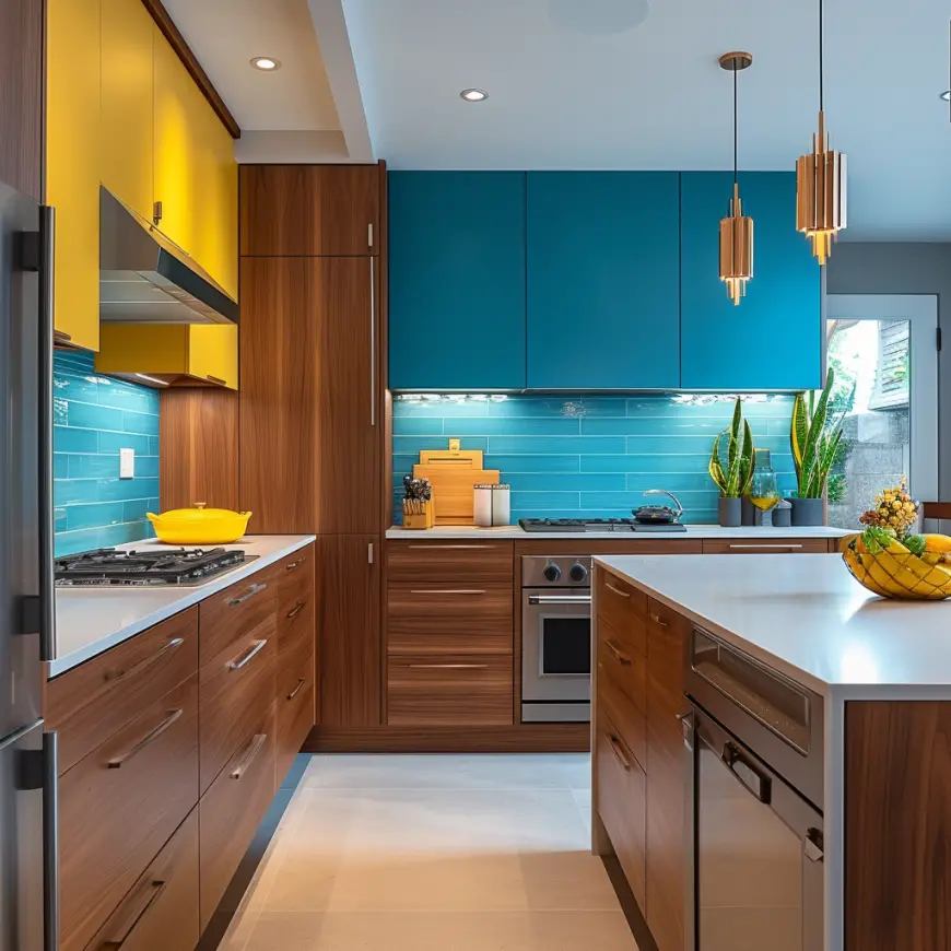 Colorful mid century modern kitchen cabinetry