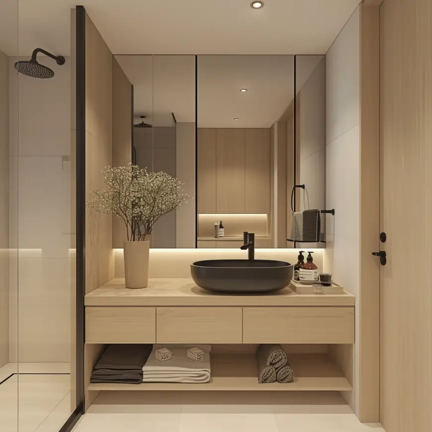 Japandi bathroom with wooden vanity