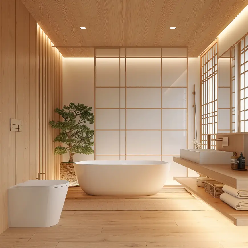 Japandi bathroom with free standing bath tube