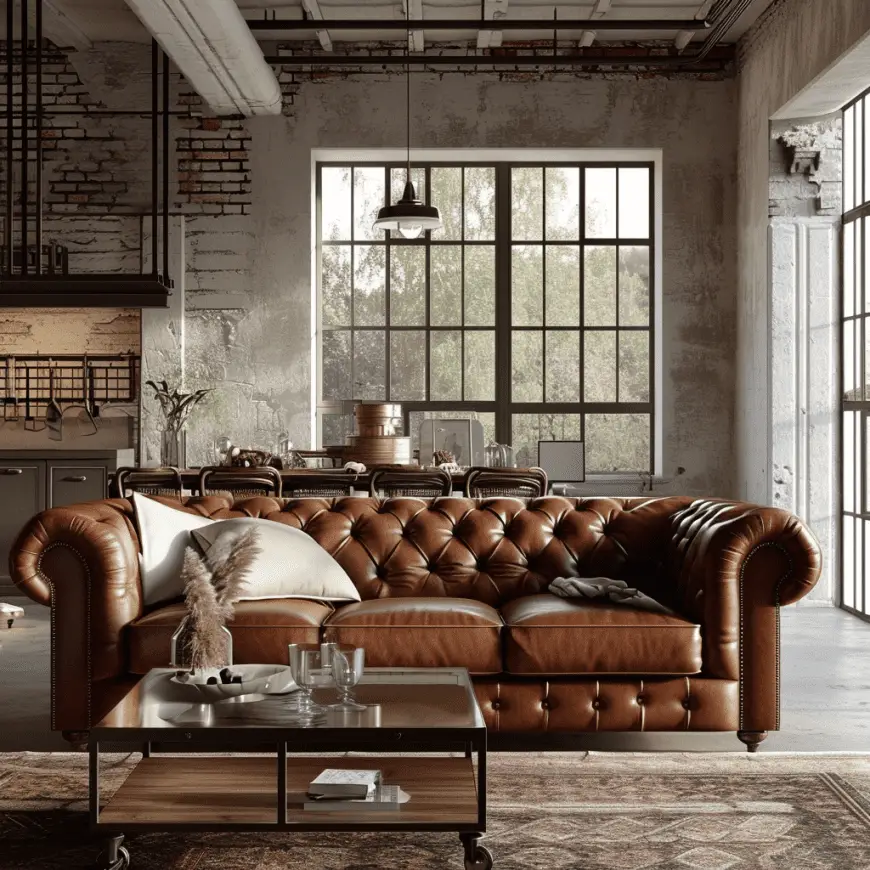 Chesterfield sofa in industrial design style living room