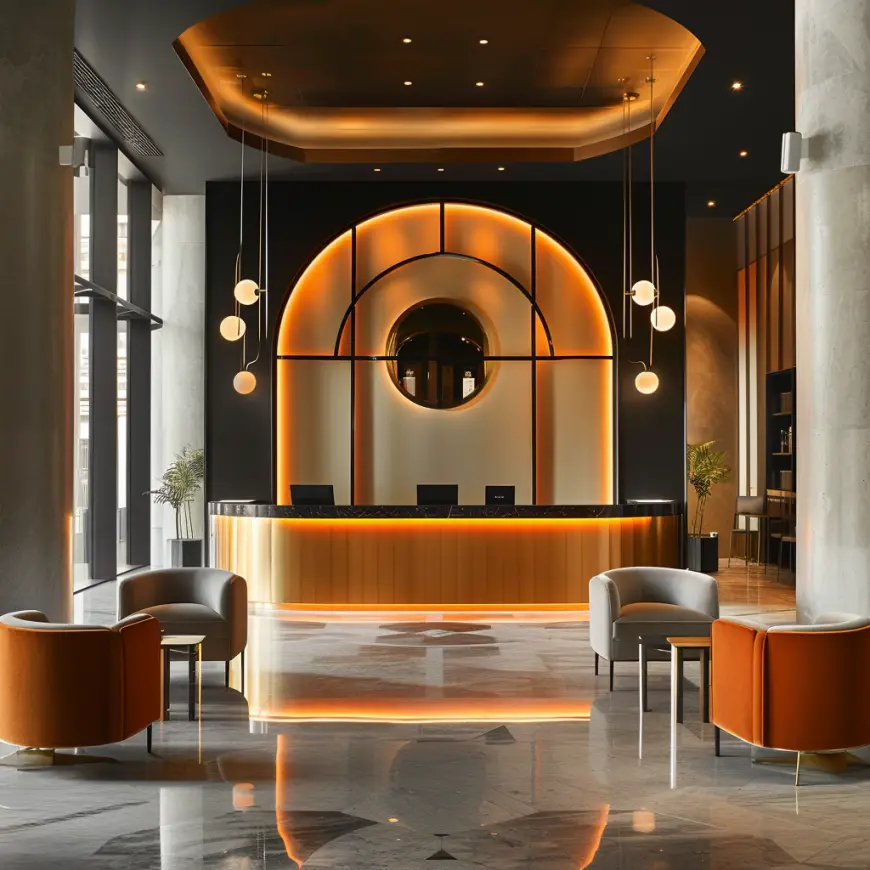 Hotel lobby in bauhaus deco interior design style