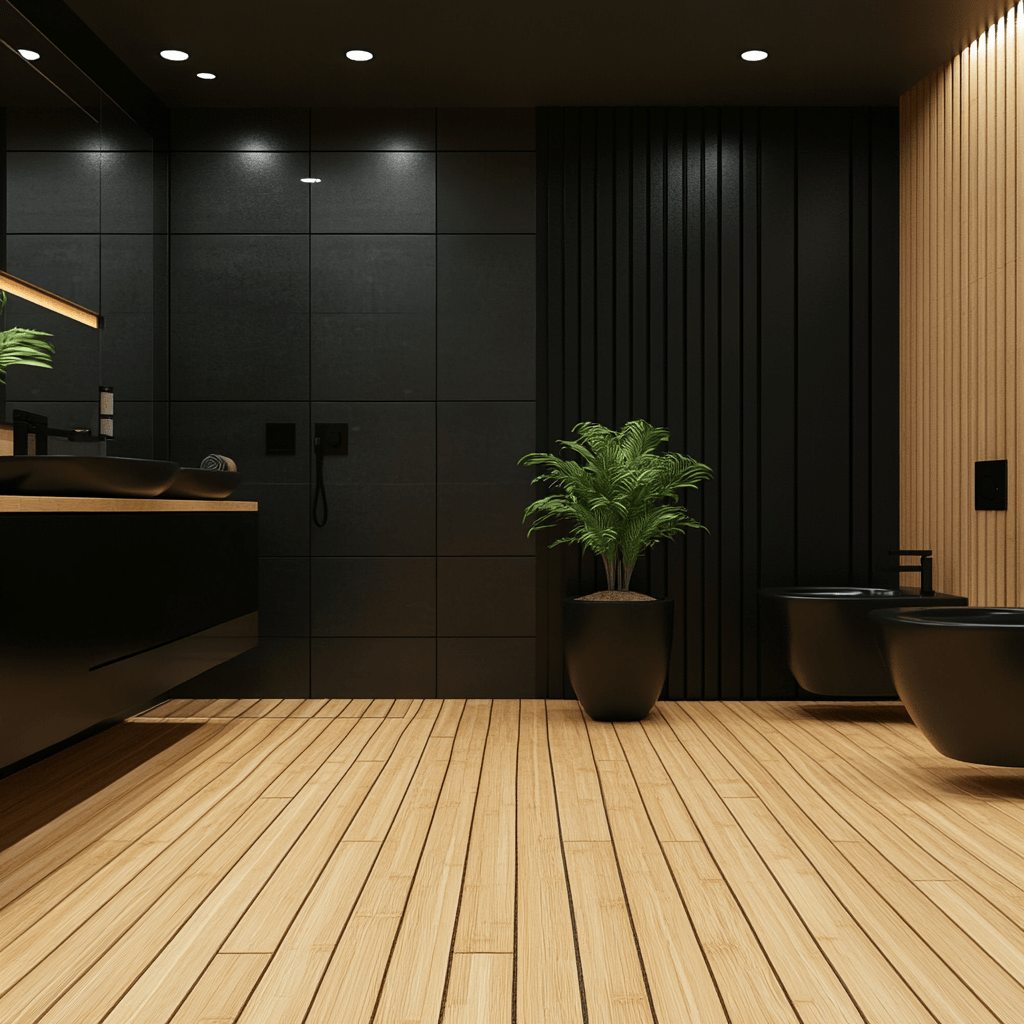 Bamboo flooring bathroom with sustainable materials and black appliances