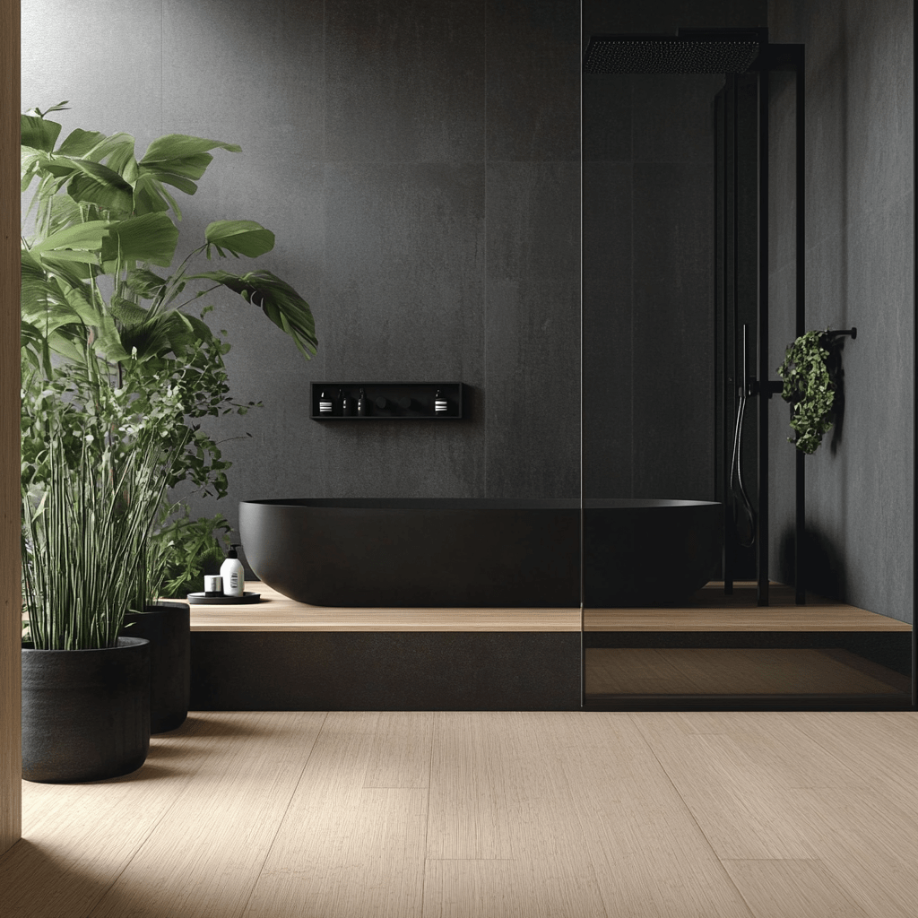 Bamboo flooring bathroom with sustainable materials and black appliances