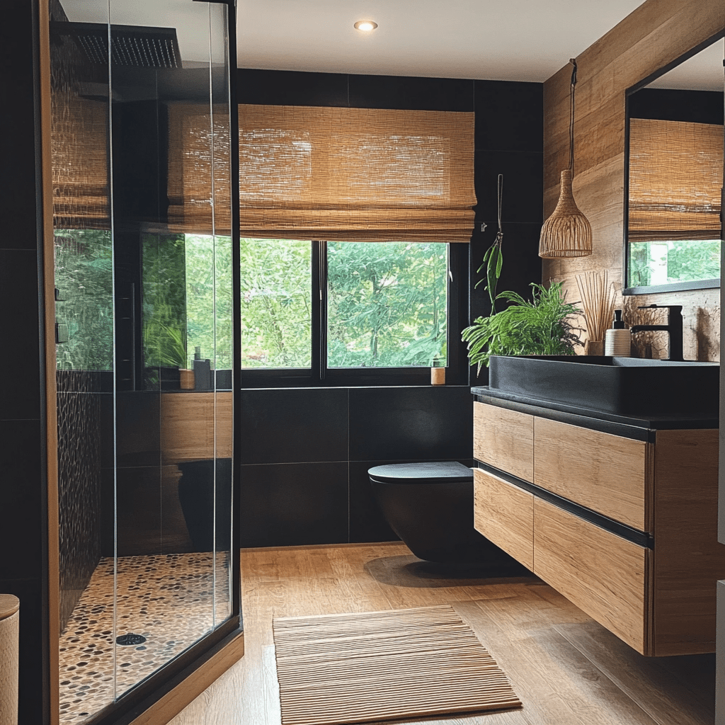 Bamboo flooring bathroom with sustainable materials and black appliances