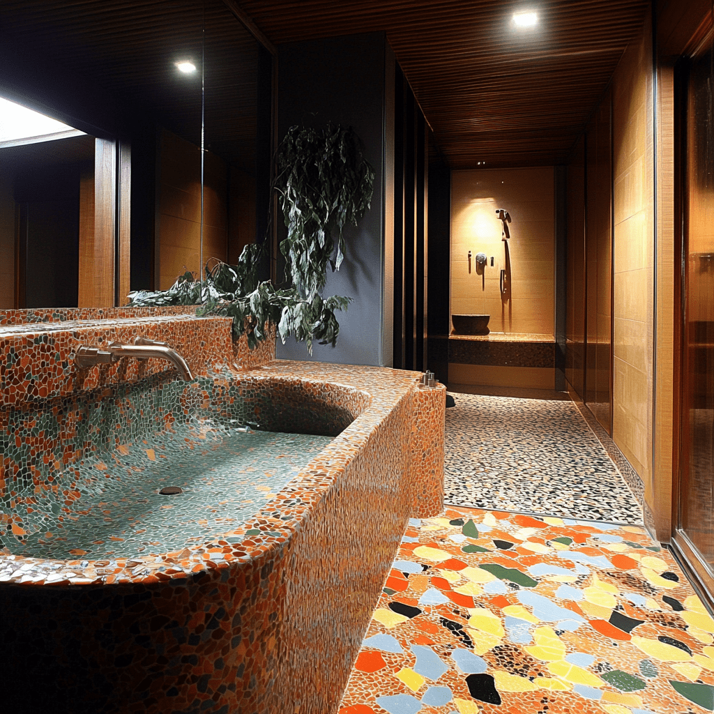Modern bathroom design with recycled colored ceramic tiles