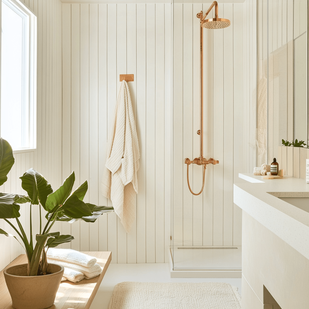 modern eco friendly bathroom with copper fixtures