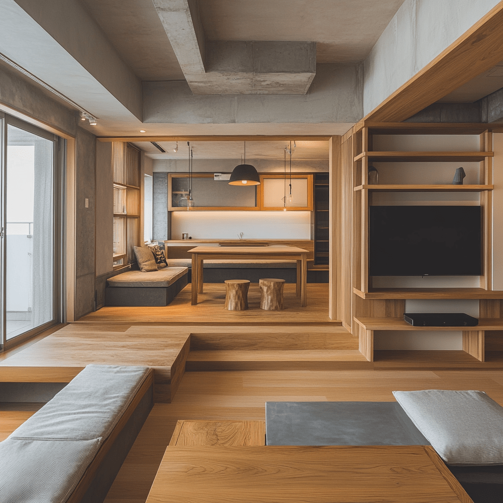 japandi interior design open living room with natural materials