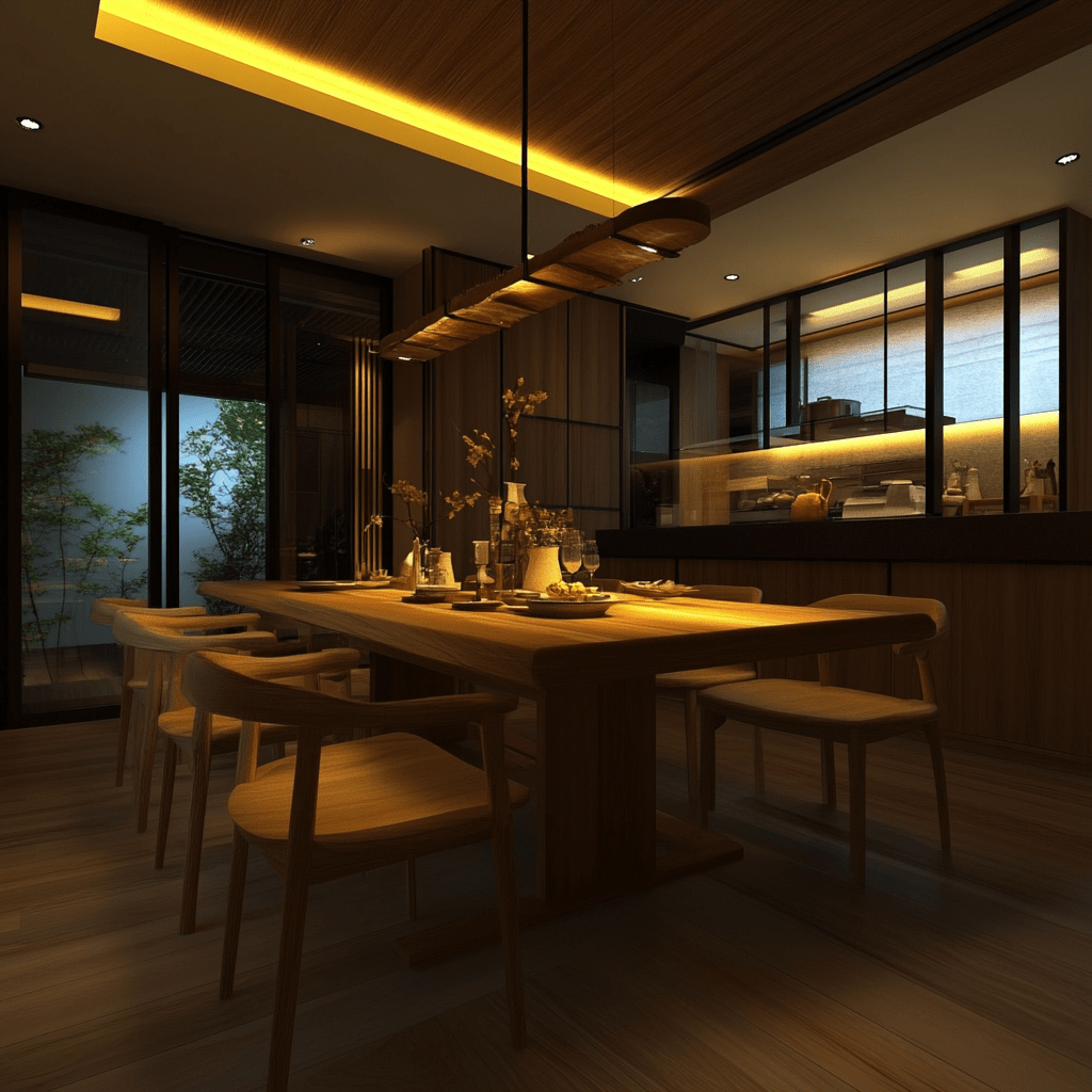 Japandi dining area with lighting